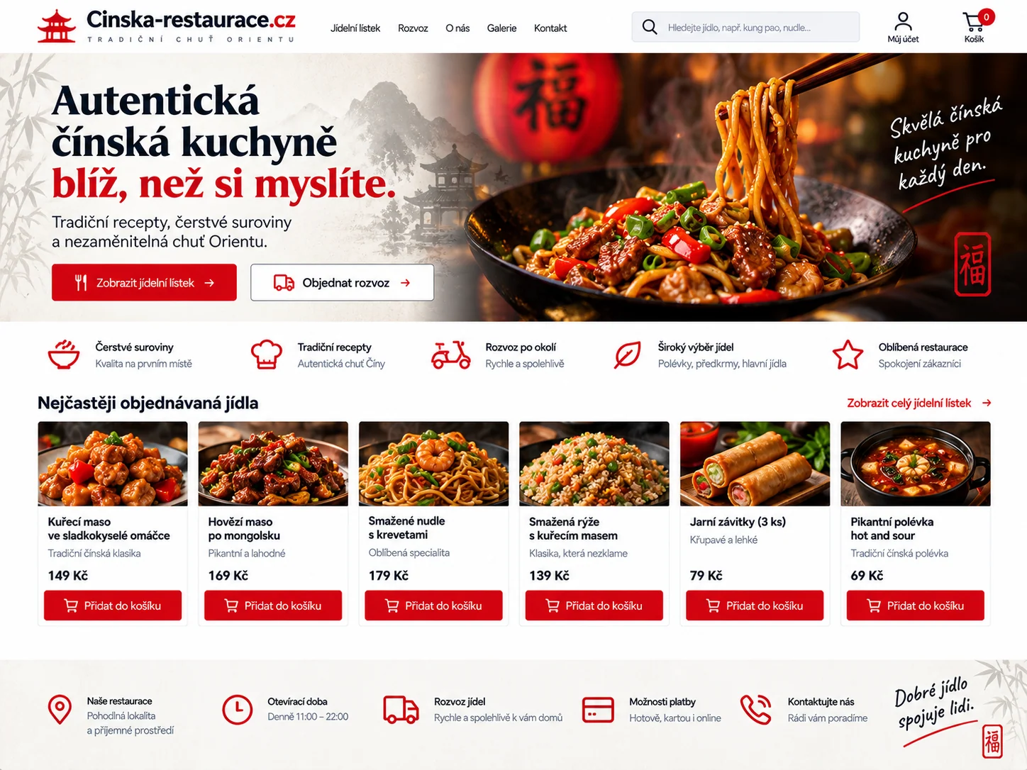 Ilustrační návrh pro Cinska-restaurace.cz s jídelním lístkem, čínskými jídly, rozvozem a kontaktem na provozovnu